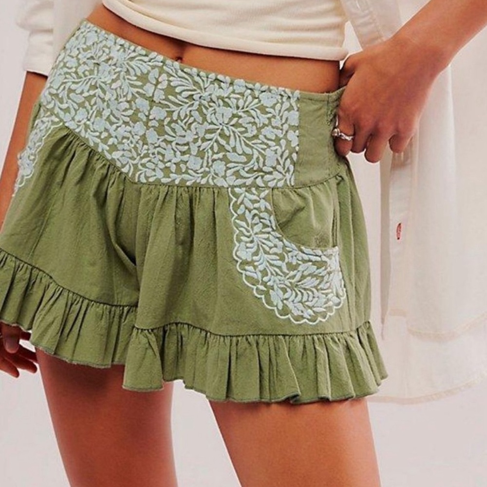 Free People Olive Green Embroidered Ruffle Shorts